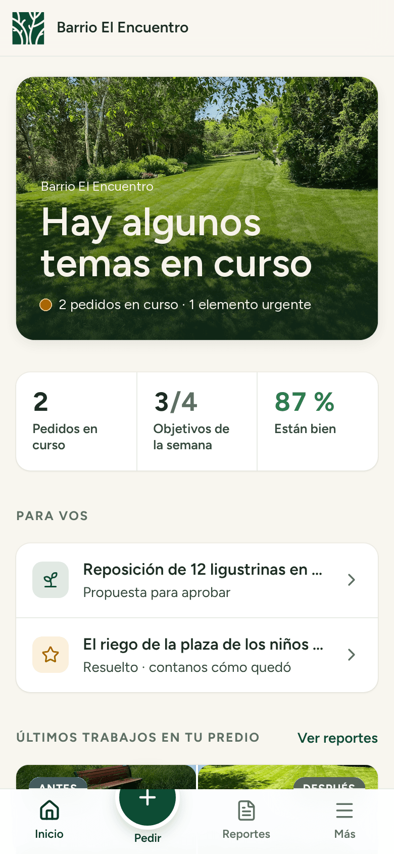 Portal en el celular: estado del predio, pedidos en curso y objetivos de la semana